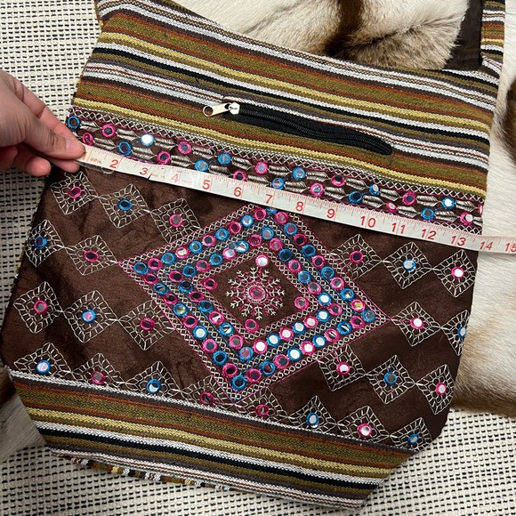 Bohemian indie beaded embroidered shoulder bag hobo printed multicolor geometric - Picture 4 of 6
